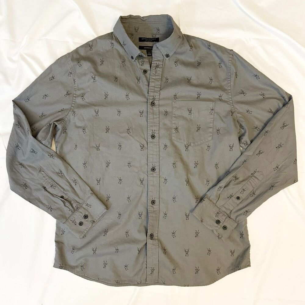 Banana Republic Luxe Flannel Shirt Mens Size L Gray Untucked Slim Fit Deer Stag